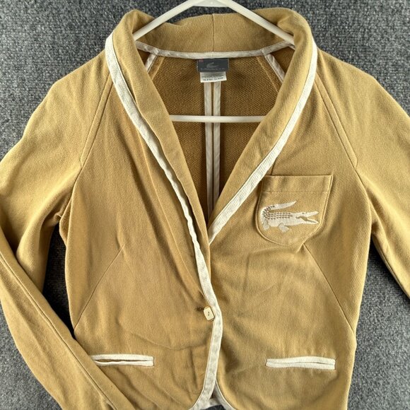 Lacoste Cardigan Sweater 1 Button Beige Knit France 38 Croc Shawl Neck Big Logo - Picture 1 of 16